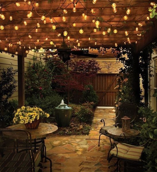 Wooden porch with string lamps
