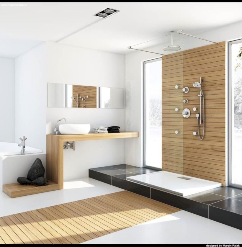 Nice and minimalist bathroom with the glass wall with a concrete 04