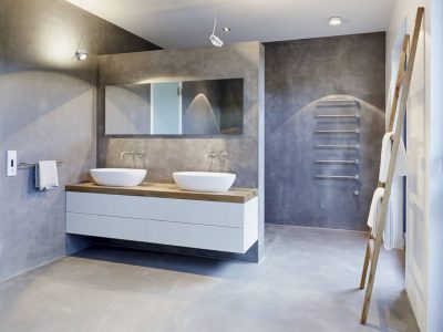 Nice and minimalist bathroom with the glass wall with a concrete 28
