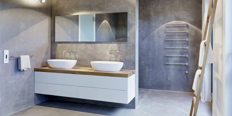 Nice and minimalist bathroom with the glass wall with a concrete 28