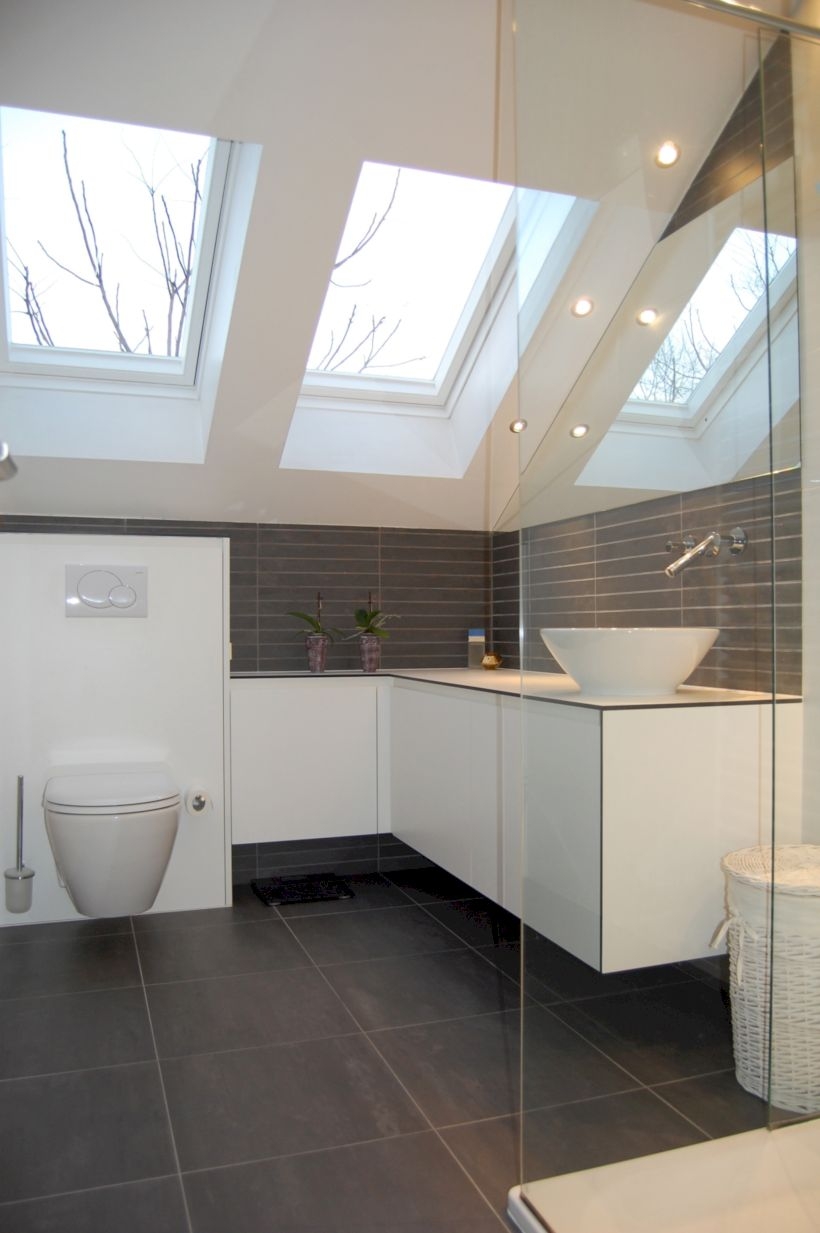 Nice and minimalist bathroom with the glass wall with a concrete 42