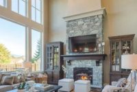 Living room with dark wood coffee table and real stone