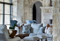 Living room with stone walls