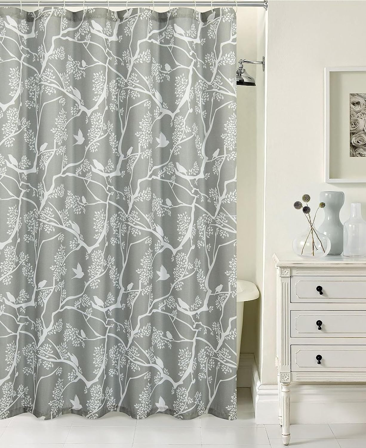 Home shower curtain with birds printed design