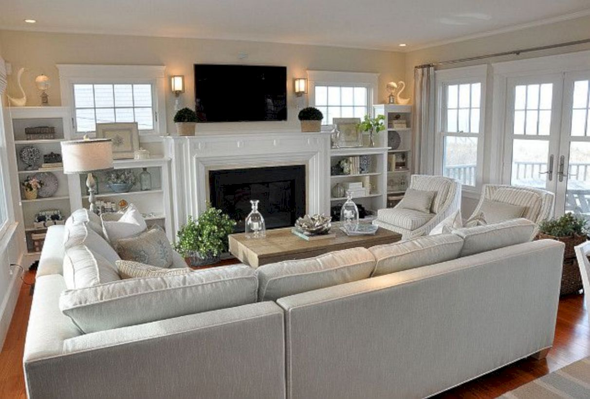 neutral living room with fireplace