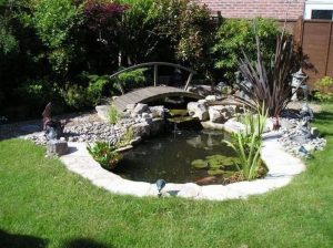 Design a fish pond garden with a waterfall concept 01