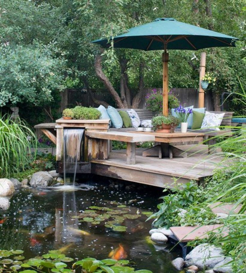 Design a fish pond garden with a waterfall concept 13