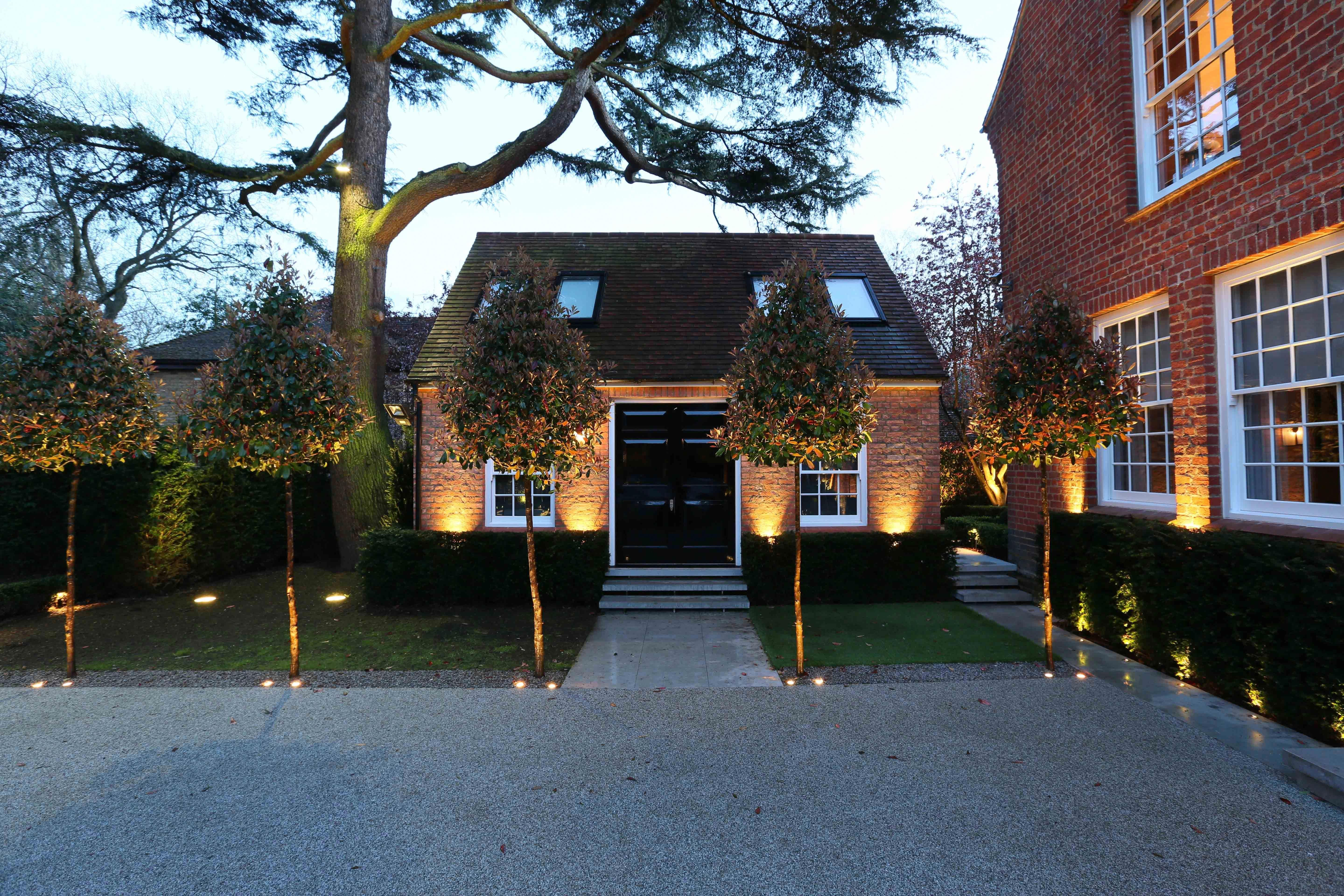 Front yard exterior design with beautiful garden lights 19