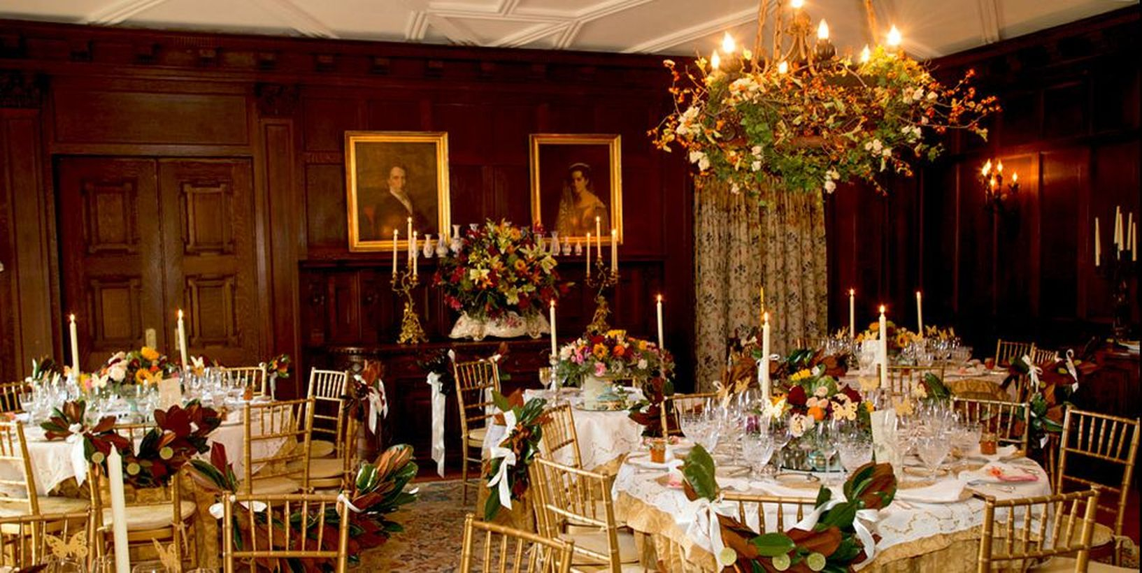 A gorgeous indoor venue for fall wedding with blantyre estate featuring architecture such as castles and comfortable rooms for a fast autumn wedding.