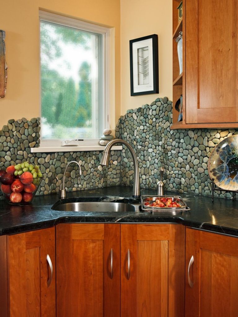 An amazing kitchen design with stone backsplash to perfect your natural kitchen