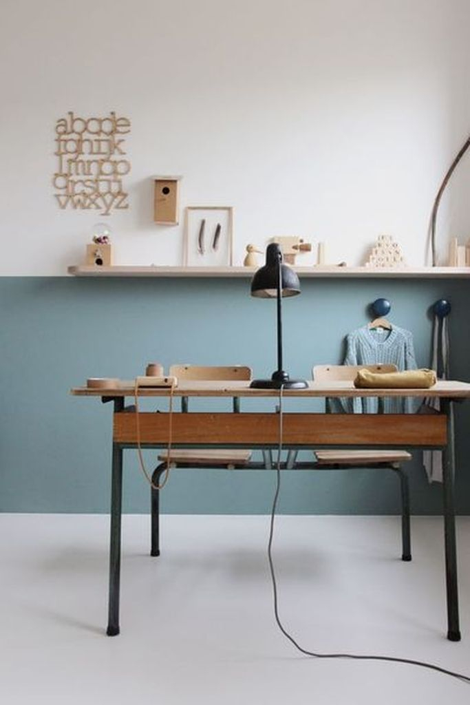 An amazing two tone sea blue home office decoration combined with simple furniture that consist of wooden table and rack on the wall to perfect your neutral office home