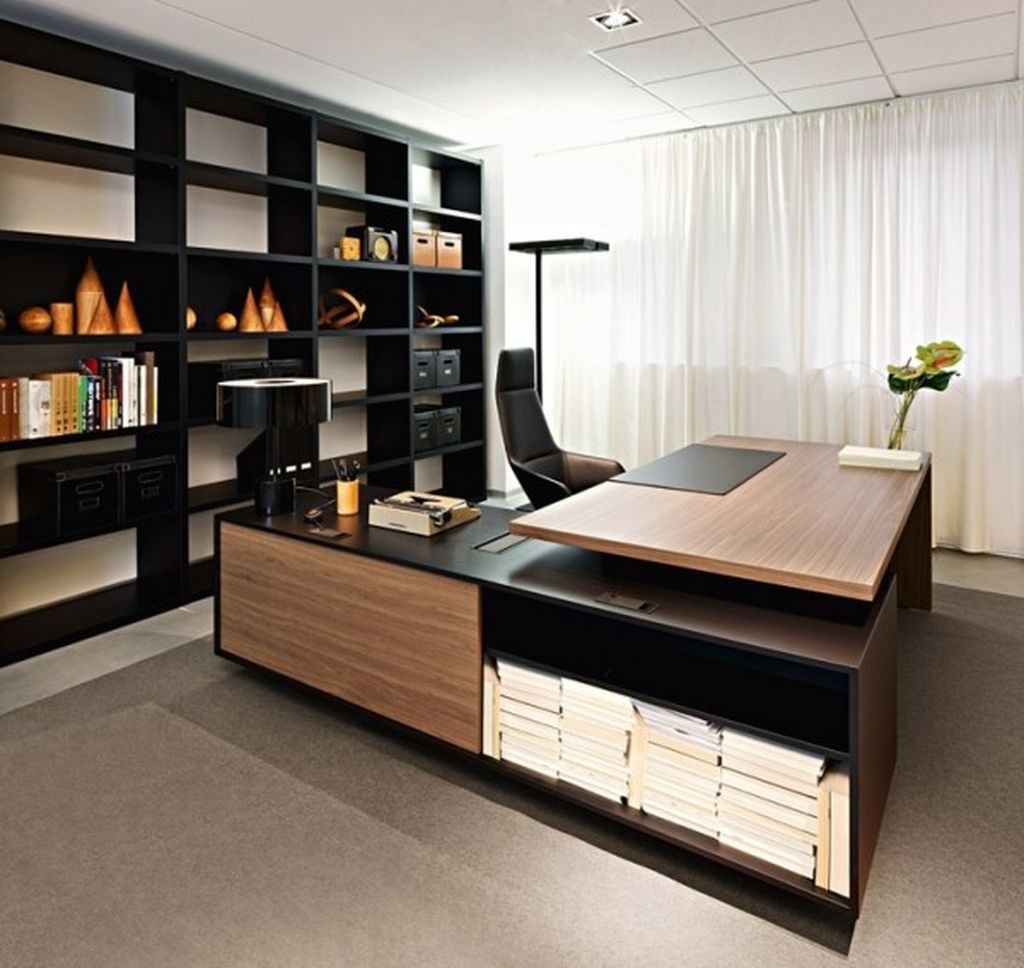 An awesome masculine desk with black brown l shaped desk to complete your office home