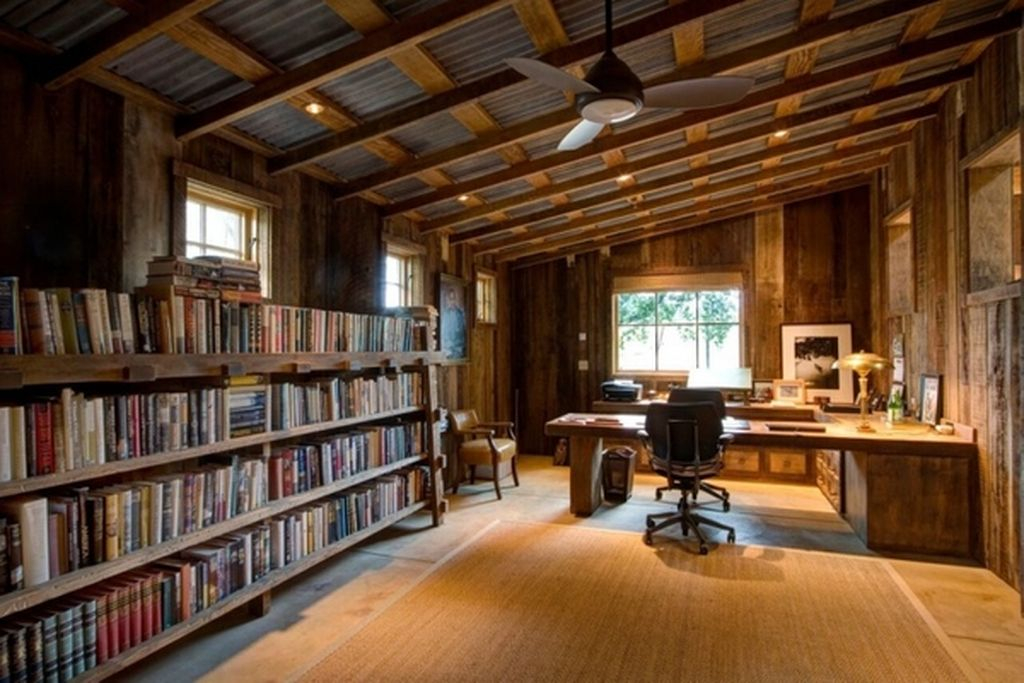 An awesome wooden home office with wooden bookshelves to perfect your home office