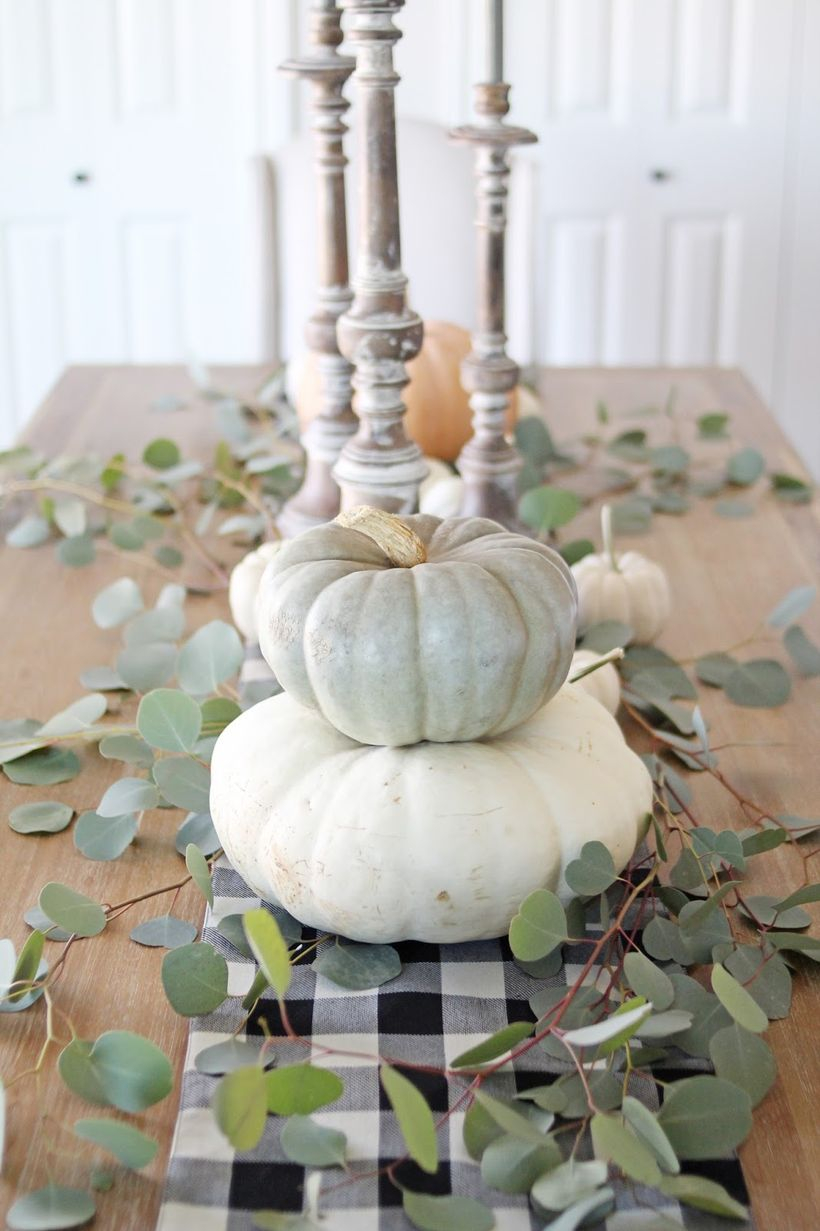 Best white pumpkin ornaments with dry green leaves for centerpiece table