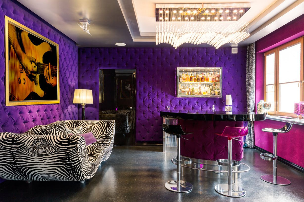 Home bar purple tufted walls