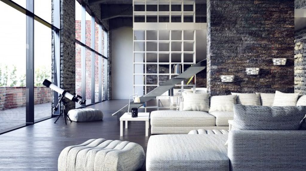 Mesmerizing farmhouse living room design with stone walls to perfect your natural living room