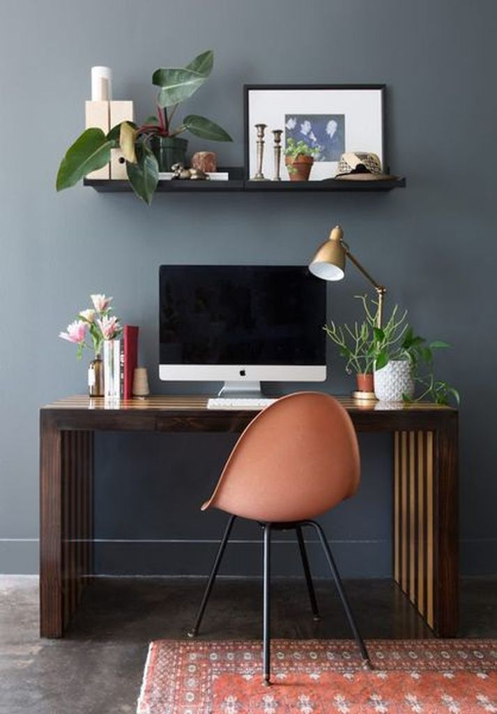 Modern home office decoration with gorgeous dark gray wall to perfect neutral color scheme in your office home