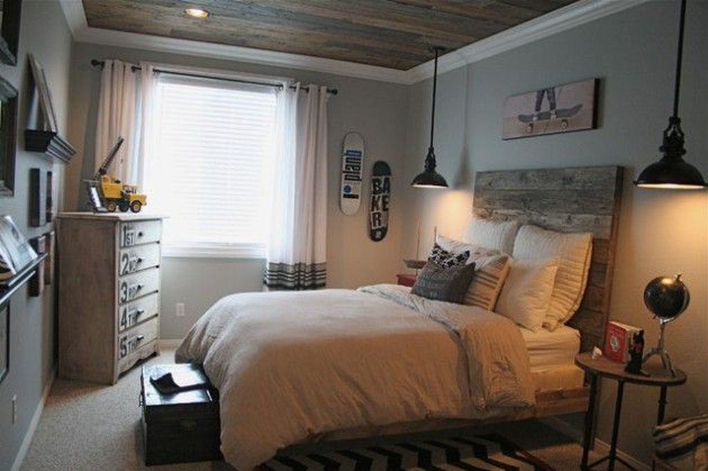 Simple bedroom with wooden headboard