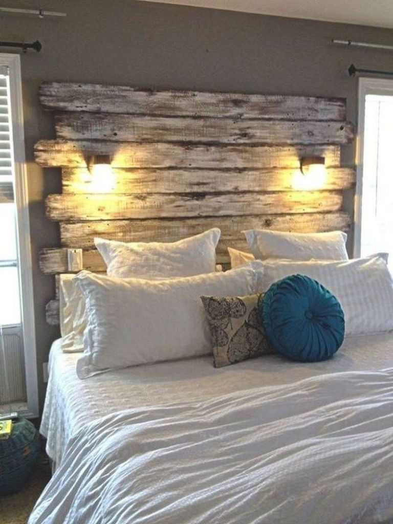 Wooden headboard combined with decorative lighting