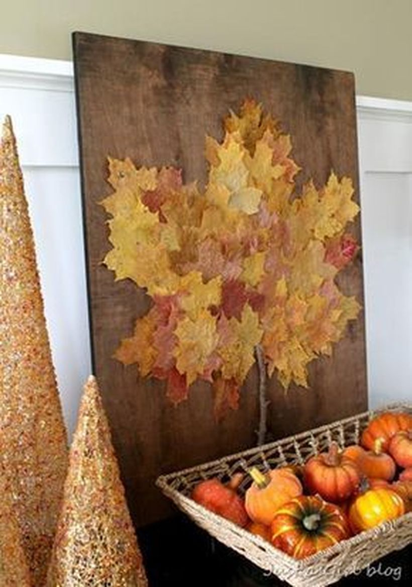 Autumn leaves craft on the wooden board