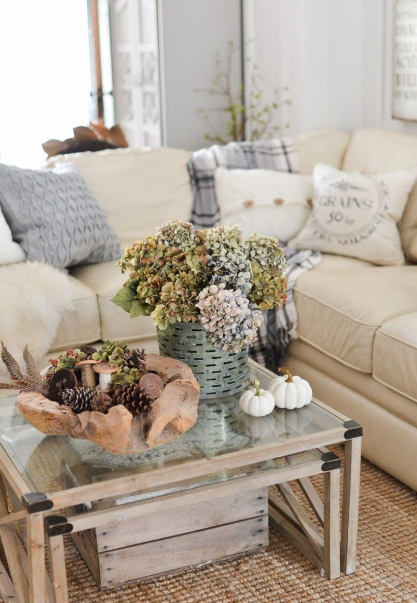 Farmhouse living room decoration with pumpkin decoration on table coffee and centerpiece, houseplant to complement your room