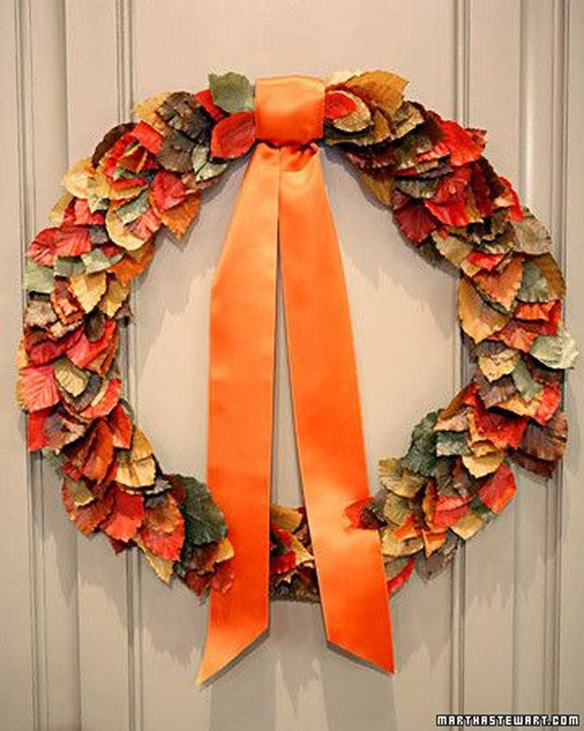 Hanging autumn leaves craft with ribbon