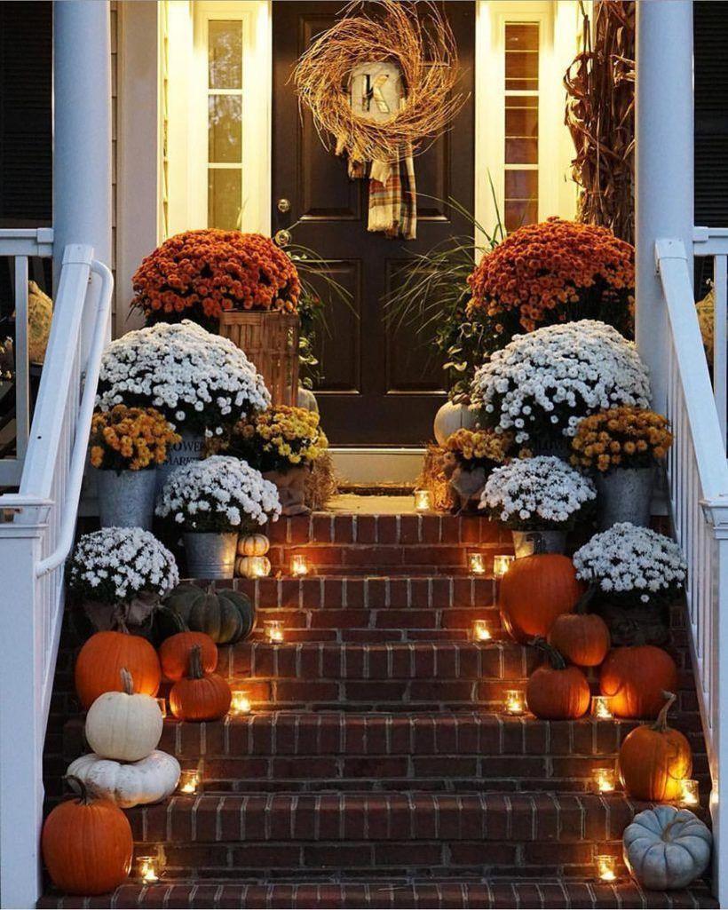 Pumpkins porch decoration and decorative lighting