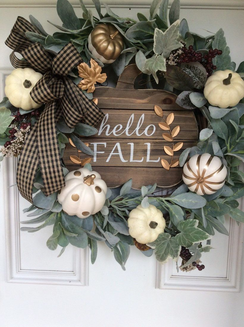 White and gold pumpkin wreath