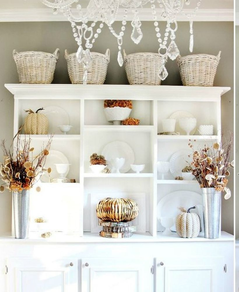 White cabinet to store white cup and ornamental pumpkins for your kitchen