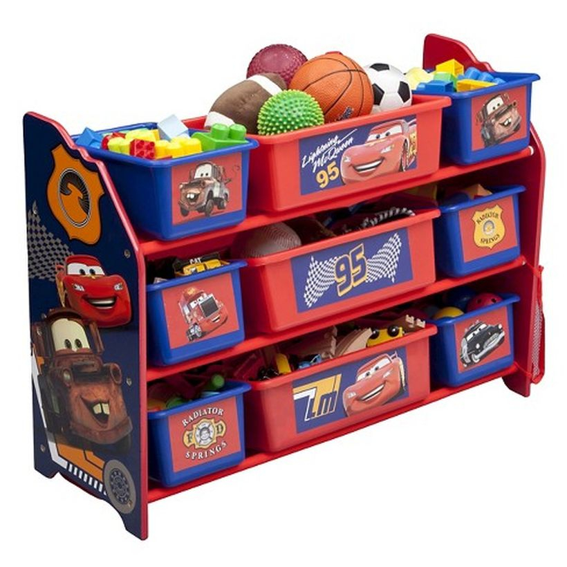 An adorable storage ideas with red color, multi level design and disney pixar cars