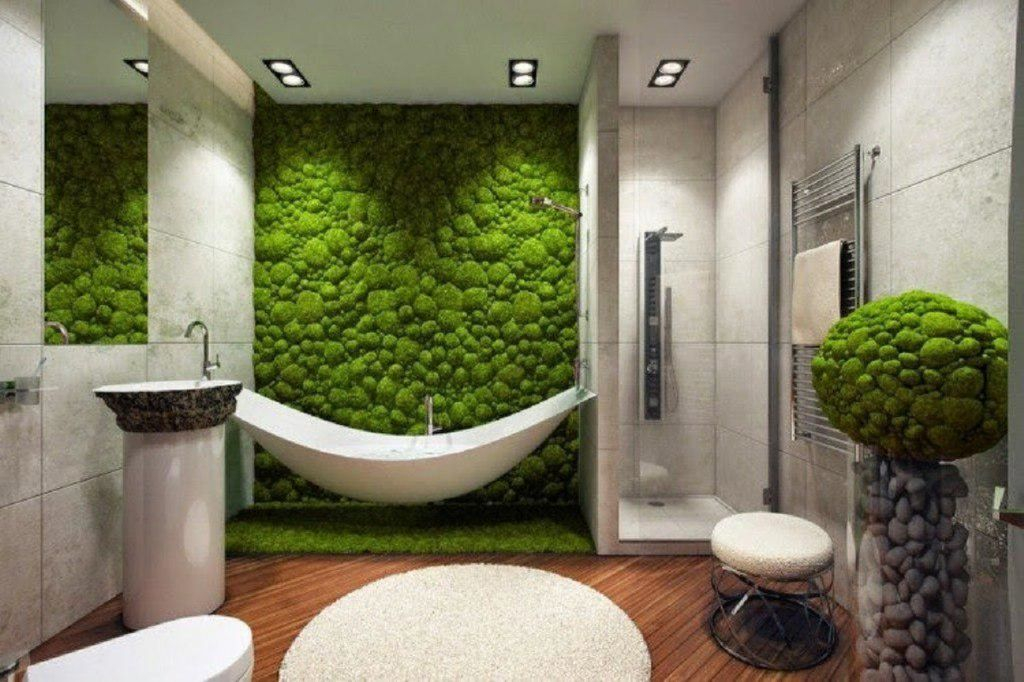 An amazing modern bathroom decor with moss wall in the bathroom to complete your decoration