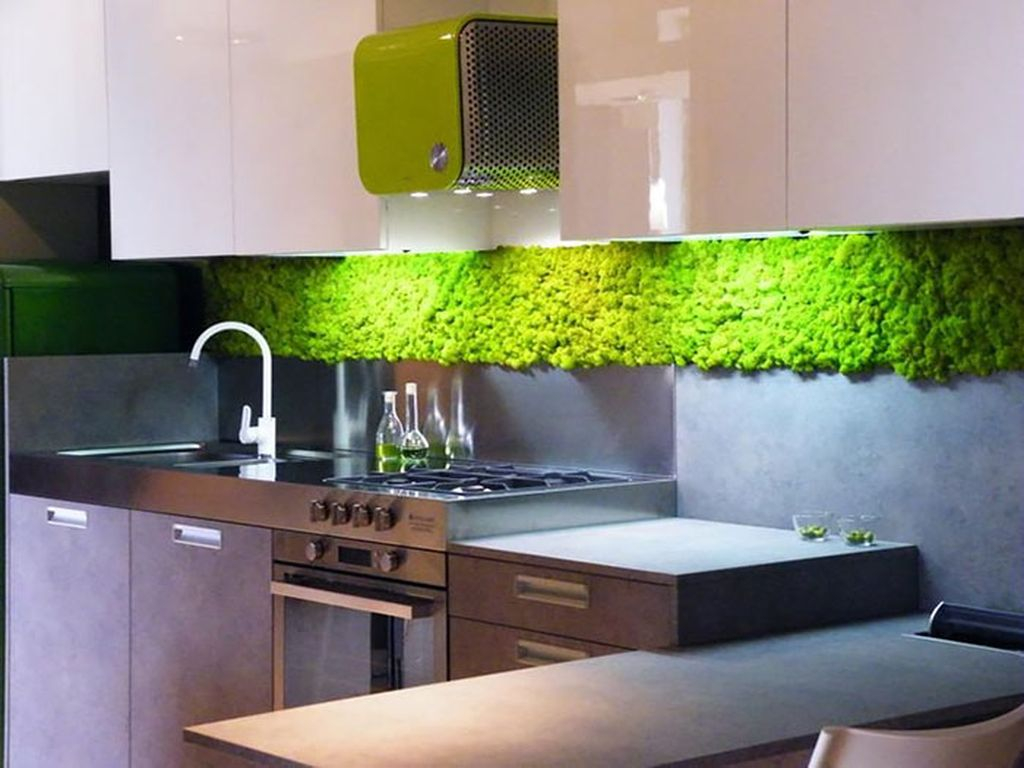 An amazing modern kitchen design with neutral color and moss wall in the wall to perfect in your kitchen