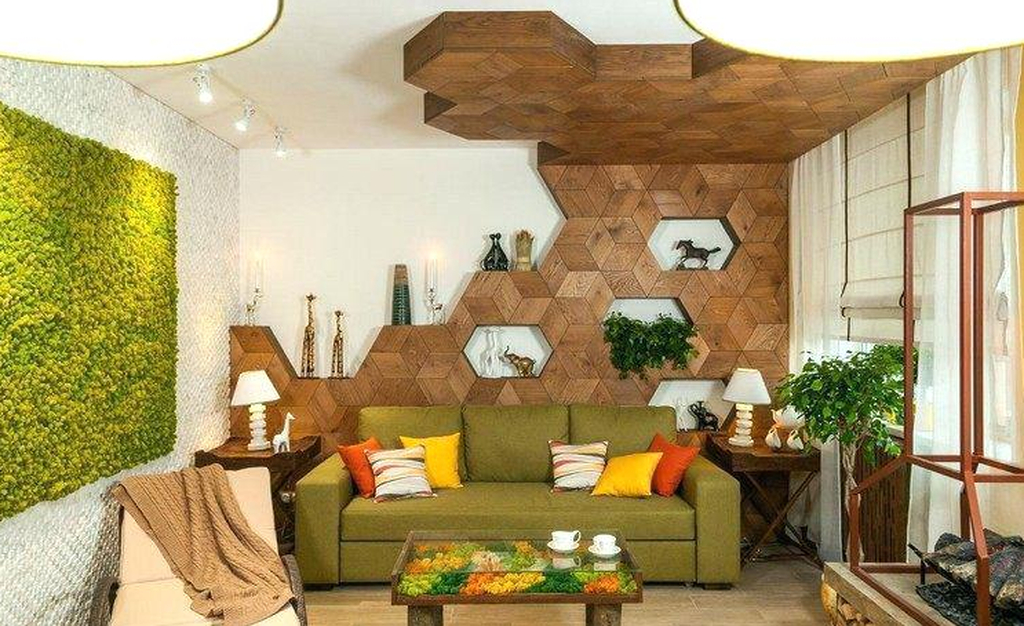 An amazing modern living room decor with nature table and wooden decoration combined with moss wall to perfect your living room