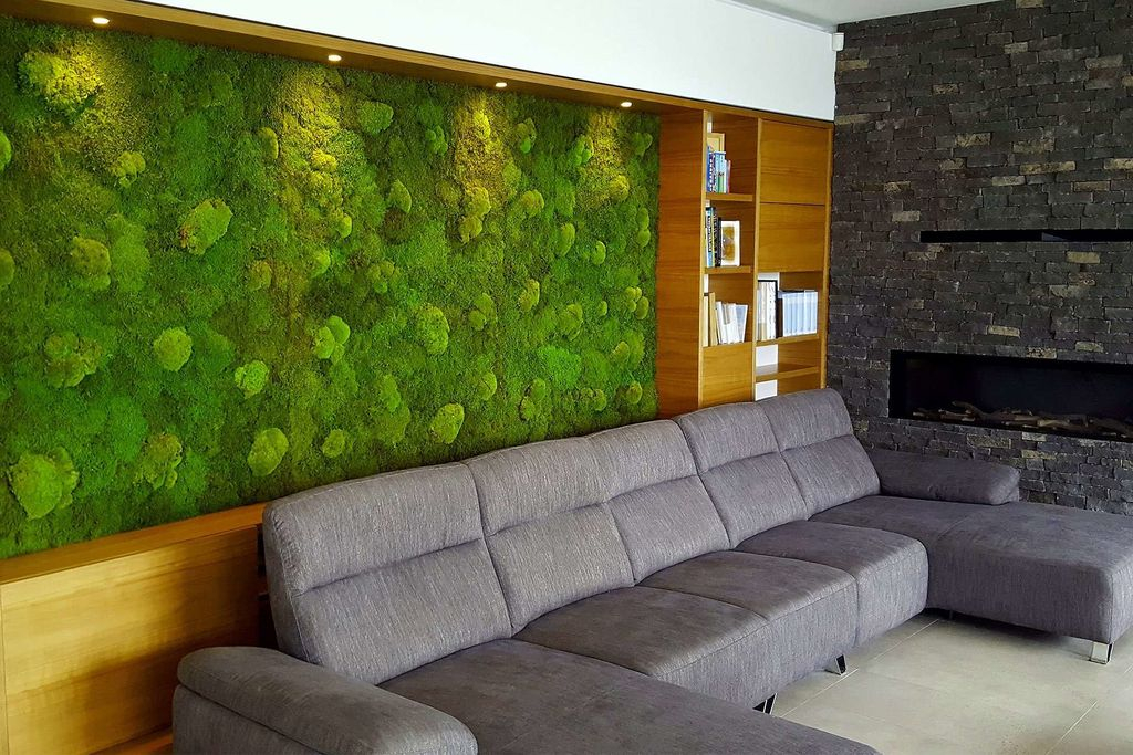 An awesome living room design with grey sofas combined with moss wall to beautify your living room design