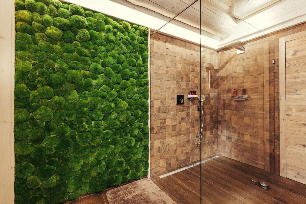 An elegant bathroom design with brown wall combined with moss wall to perfect your bathroom design