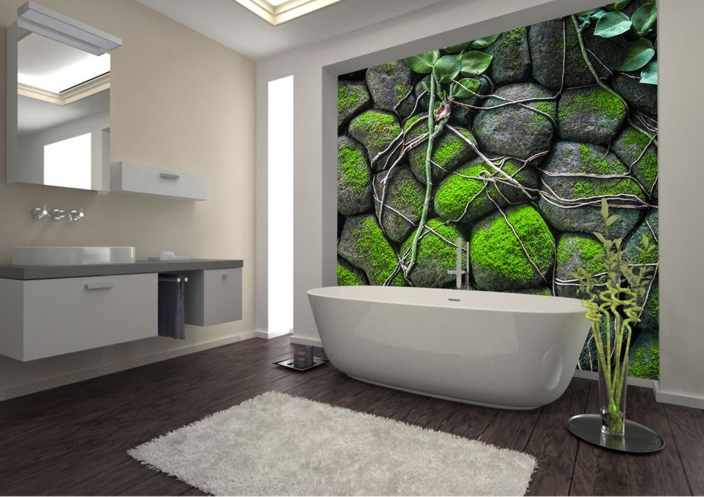 An elegant modern bathroom decor with moss wall in the stone to make impression nature in your bathroom decoration