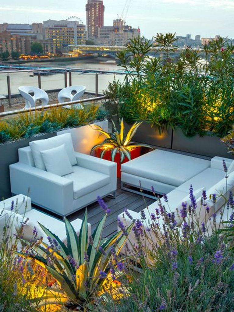 An elegant small rooftop lighting combined with white sofa and lighting merge on the plant to beautify your rooftop garden