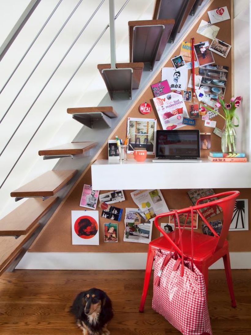 An exciting shelf under the stairs.