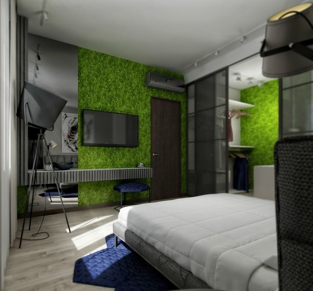 Beautiful modern bedroom design with neutral color and moss wall in the wall to perfect in your bedroom