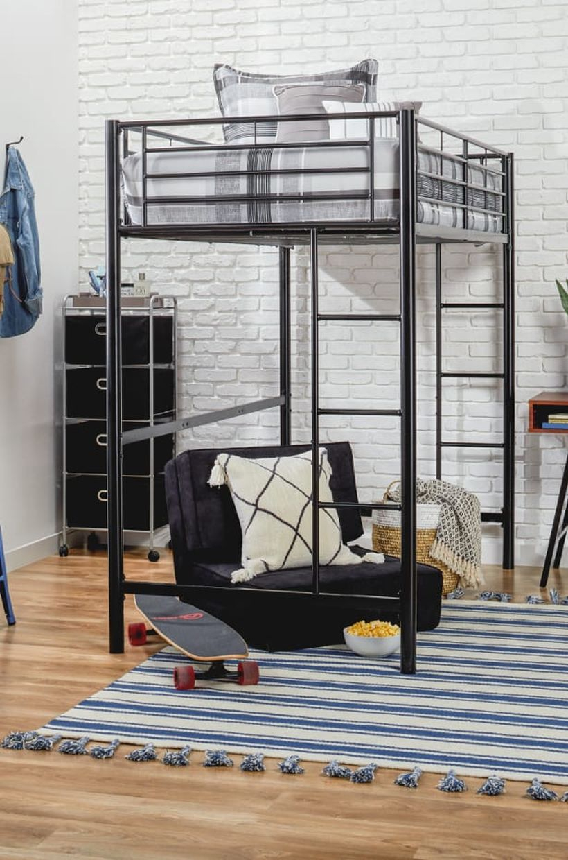 Boys room decoration with black bunk bed, gray striped mattress, black sofa under the mattress, blue carpet in white and blue stripes and black storage in the corner to look cool