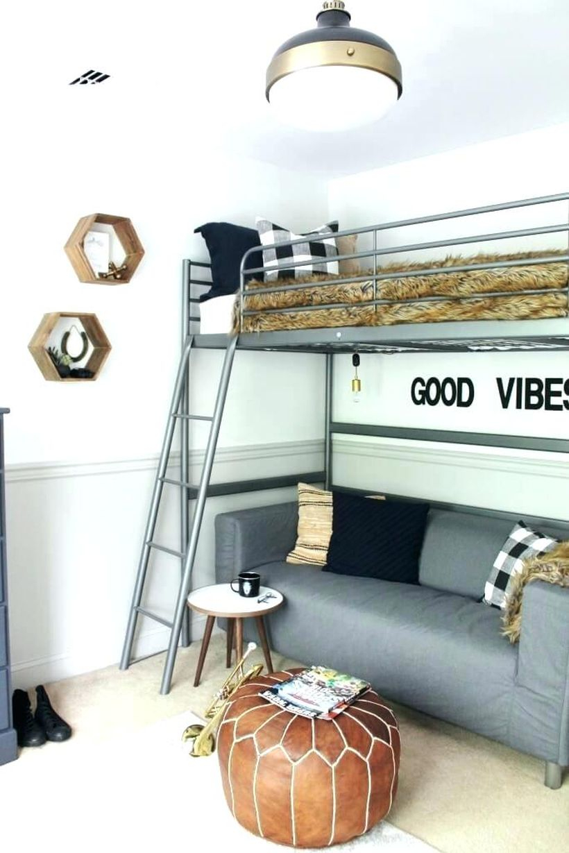 Boys room decoration with gray bunk beds, white mattresses, brown feather blankets, blue pillows and checkerbeds, sofas under the mattress, and unique shelf decorations on the walls