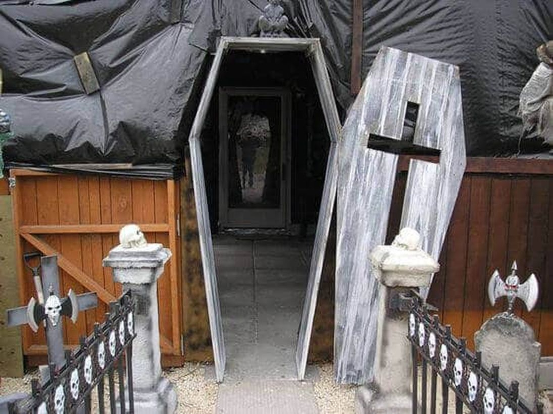 Coffin entrance halloween door.