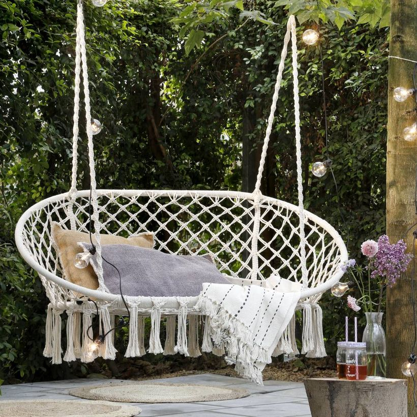 Cream macrame double hanging.