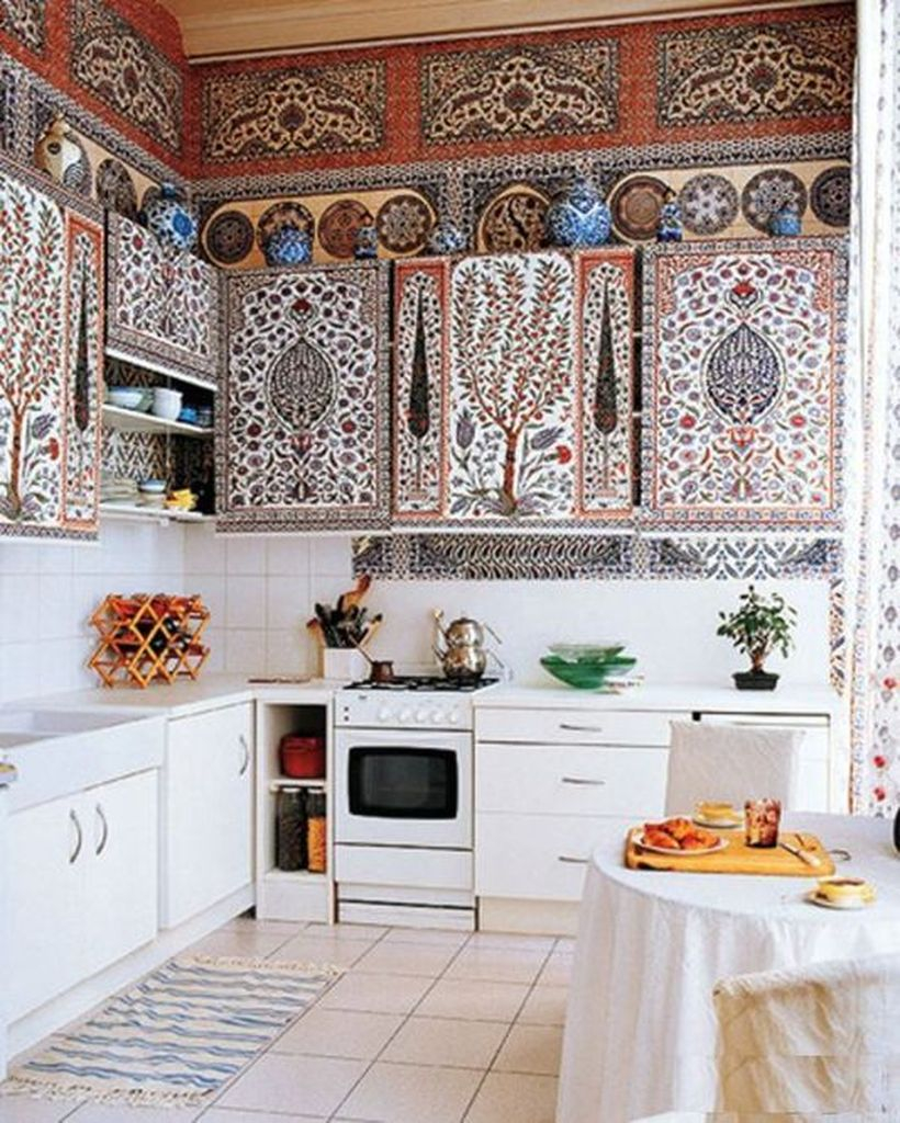Creative boho kitchen decor with classic motif storage cabinet, patterned white carpet to make it look stunning