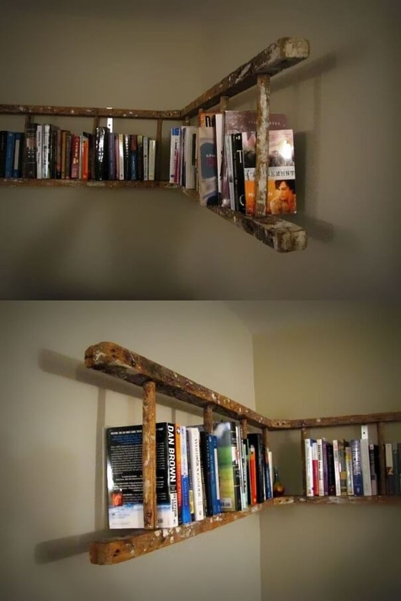 Creative hanging bookshelf design from remodle ladder you must know