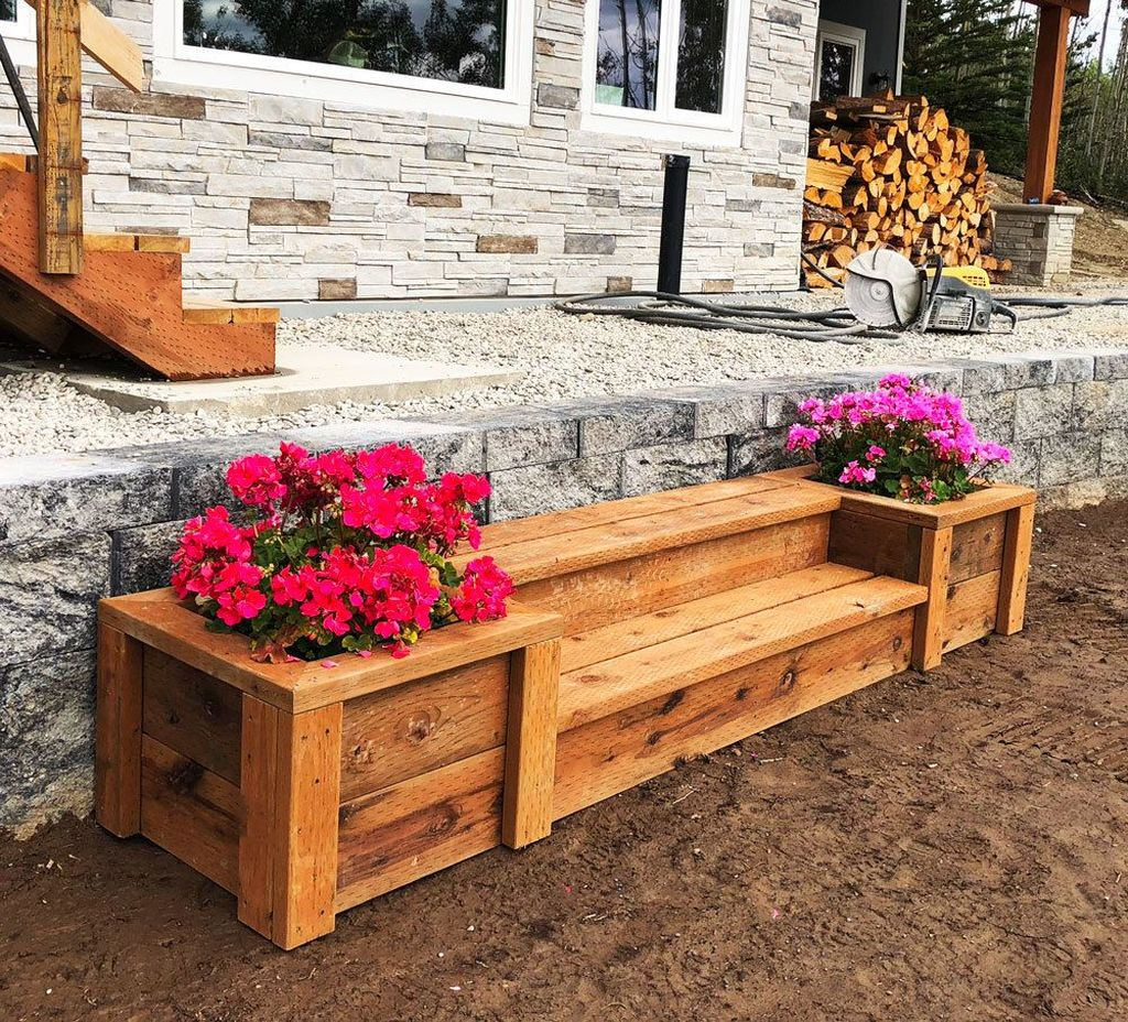 Diy wooden bench combined with flowers