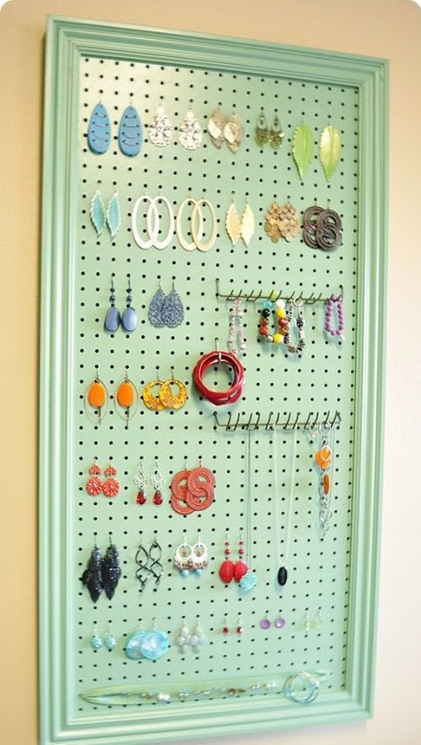 Home decoration diy projects with pegboard organization rack to hang accesories jewelry so it's easy to find when you want to use