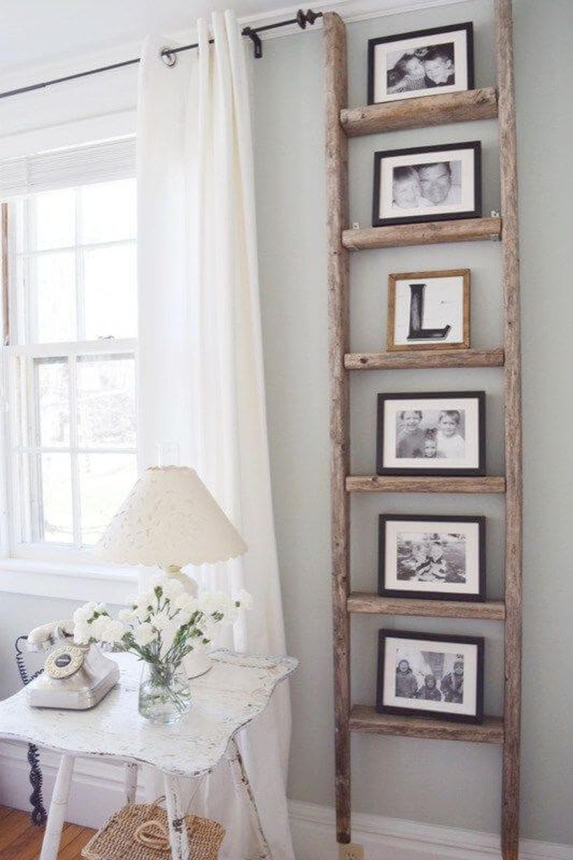 Home decoration diy projects with rustic ladder to store photo gallery to create a cozy room