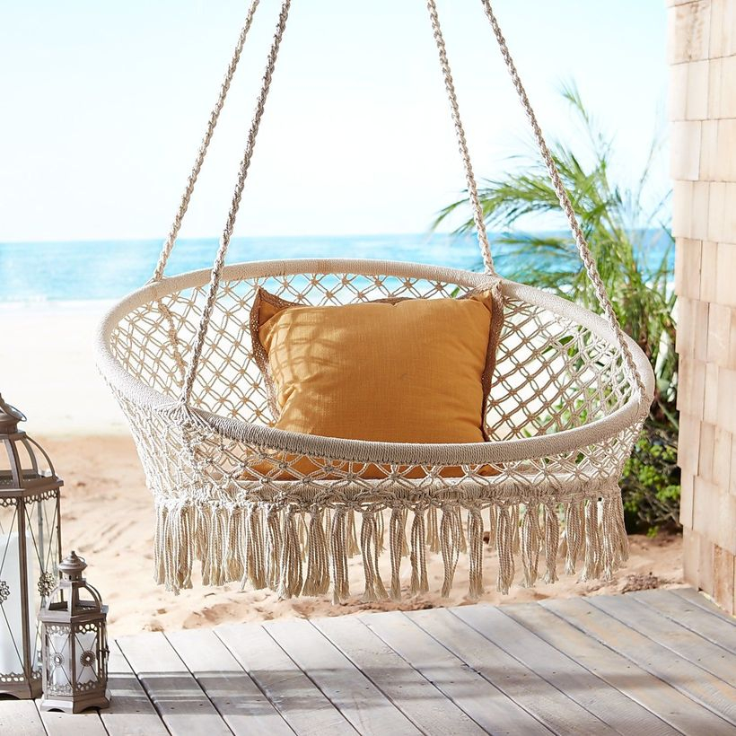 Macrame natural small hanging saucer chair.