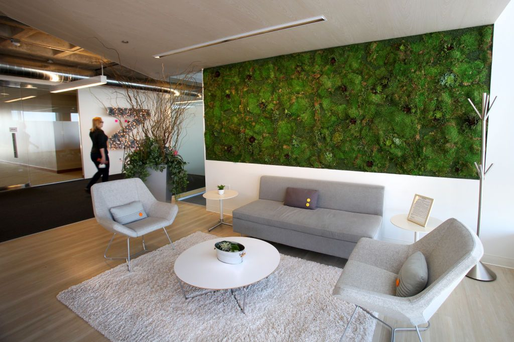 Minimalist modern living room with light grey sofa and fury carpet combined with moss wall to perfect your living room design